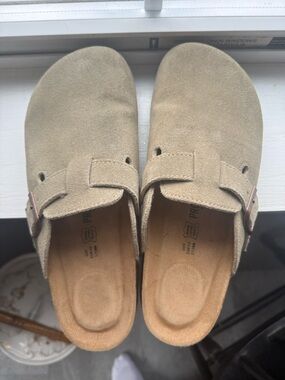 Suede Slip-On Clog Mules in Taupe